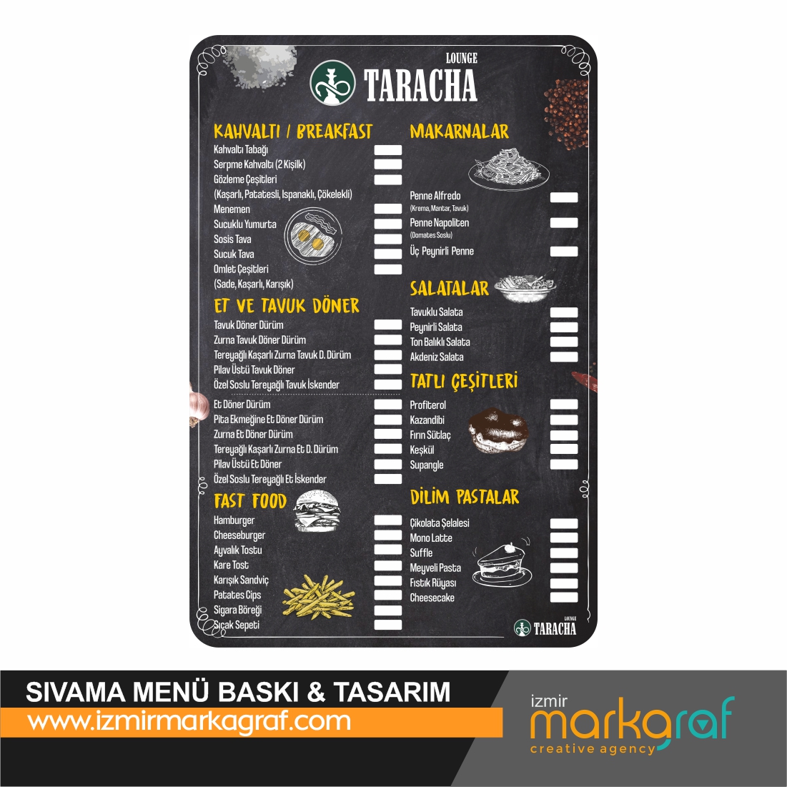 İZMİR SIVAMA DEKOTA MENÜ BASKI / CAFE & RESTORANT MENÜ TASARIM